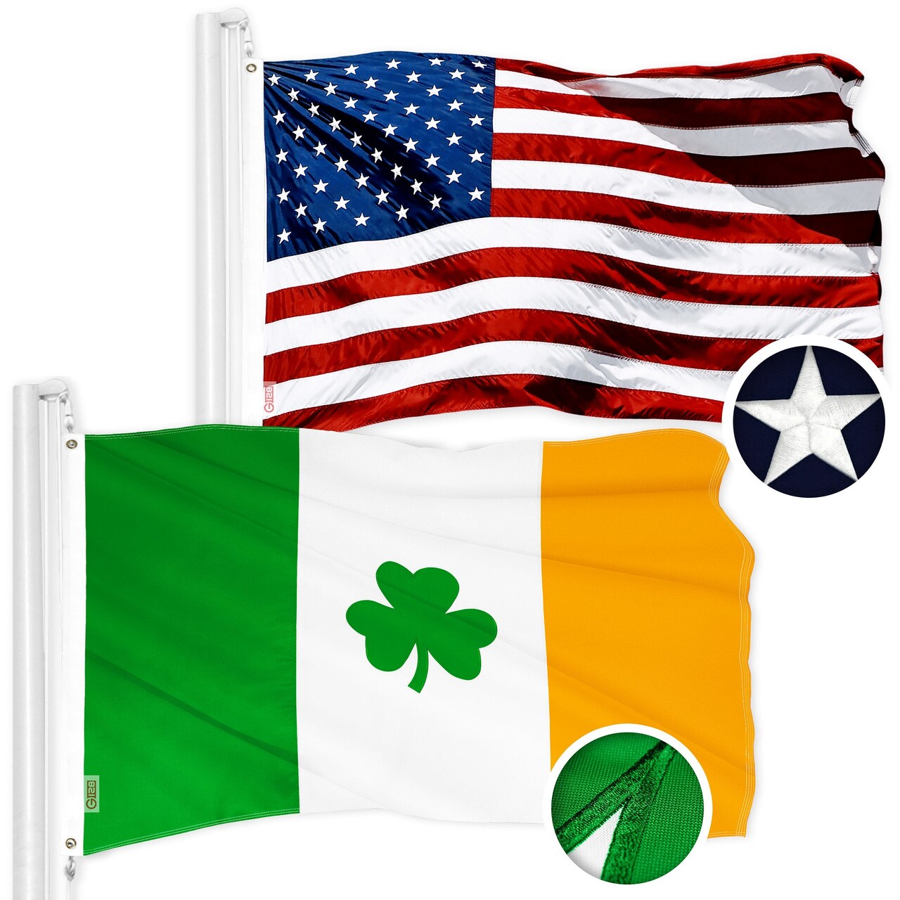 G128 Combo Pack: USA 3x5 Ft Embroidered Stars & Irish Shamrock Flag 3x5 Ft Embroidered